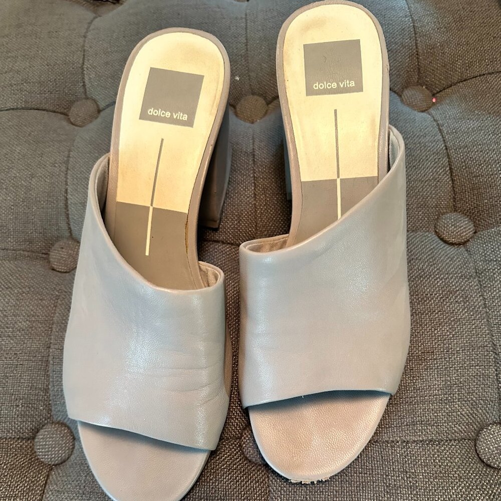 Dolce Vita Grey leather block heal slip on sandals